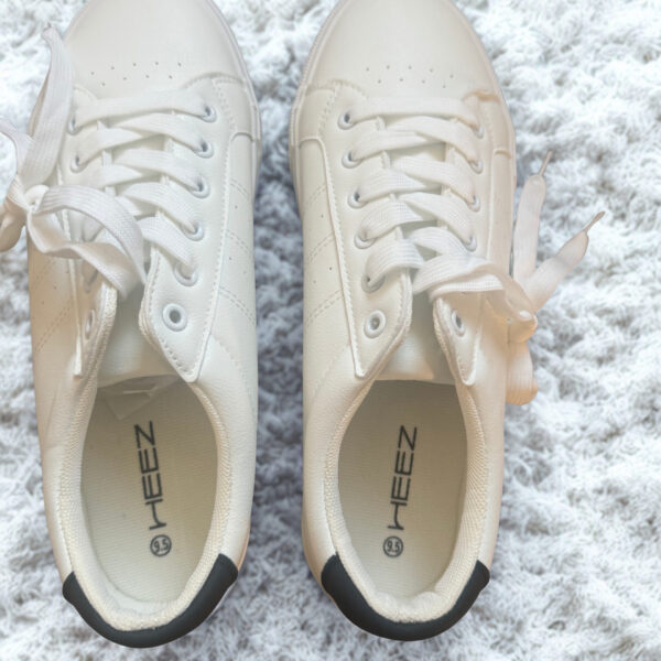 HEEZ Women's White Casual Lace-Up Sneakers with Light Blue Trim – Comfortable Everyday Walking Shoes